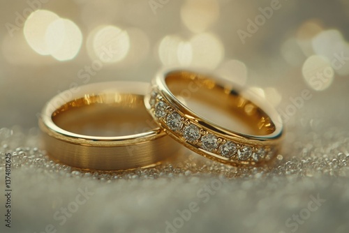 Gold rings on snow surface, festive wedding jewelry.