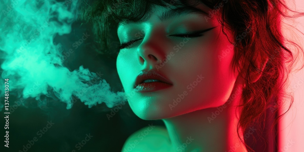 Fototapeta premium Stylish young adult woman with closed eyes, evoking mystery and introspection. She is in a smoky environment.