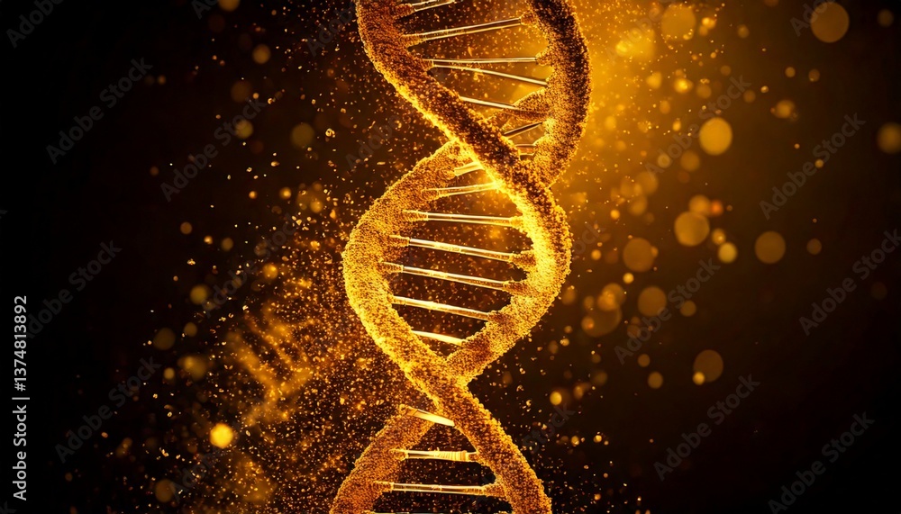 Obraz premium Glowing Gold DNA Helix on a Dark Background
