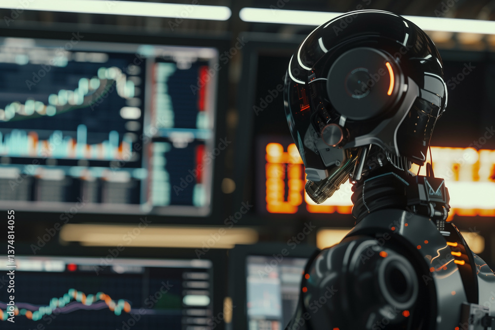 Fototapeta premium A sleek robot analyzes stock market data on multiple monitors, representing the increasing use of artificial intelligence in financial analysis and trading, creating a tech-driven environment.