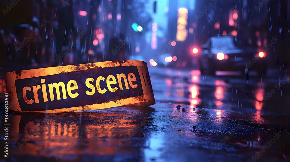 Crime scene barrier tape on wet asphalt reflecting neon city lights at night during rain, creating dramatic atmosphere for detective story or police investigation.