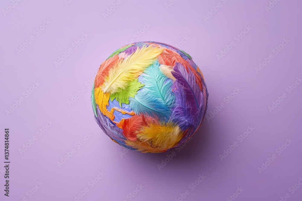 A colorful sphere covered in vibrant feathers in various hues A colorful sphere covered in vibrant feathers in various hues