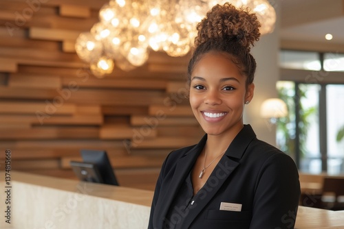 Female receptionist stands smiling behind desk, providing customer service to hotel guests