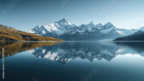 Serene mountain lake reflecting peaks. Tranquil scene of a still lake mirroring snow-capped mountains.  Golden hills meet the water's edge. Ideal for nature, travel, backgrounds, and wallpapers.