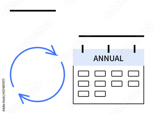 Blue circular arrows symbolize ongoing processes beside an annual calendar grid. Ideal for planning, time management, scheduling, workflow, recurrence, organization, productivity. Flat simple