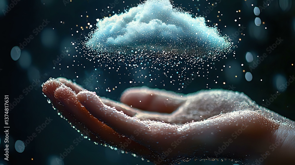 Fototapeta premium Magical glowing cloud floating above open palm with sparkling particles and bokeh effects against dark background, creating mystical atmospheric scene.