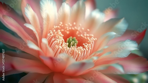 Stunning close-up of a vibrant cactus flower.  Softly lit, detailed petals in peach and cream. Ideal for botanical, macro, floral, and nature projects, perfect for gardens, aesthetics, and science.