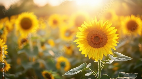 Sunny sunflower field at sunset. Ideal for landscape, floral, and environmental projects, perfect for nature photography and rustic decor.