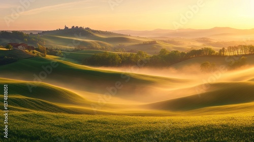 Sunrise over rolling hills, gentle mist, golden light. A picturesque landscape perfect for nature photography, rural decor, and serene retreats, showcasing lush green fields bathed in golden light.