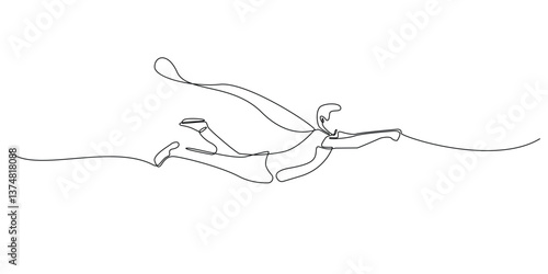 continuous line superhero flying.one line drawing of flying man with cape.single line vector illustration.isolated on white background