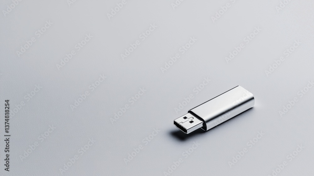 Silver-colored usb flash drive lying on a plain white surface. the flash drive is cylindrical in shape and appears to be made of metal. Silver-colored usb flash drive lying on a plain white surface. the flash drive is cylindrical in shape and appears to be made of metal.
