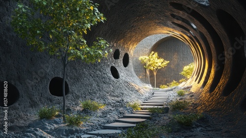 Tunnel with trees and stairs. Sunlight illuminates path. ideal for fantasy backgrounds, nature exploration themes, travel photography, inspirational wallpapers, and adventure projects.
