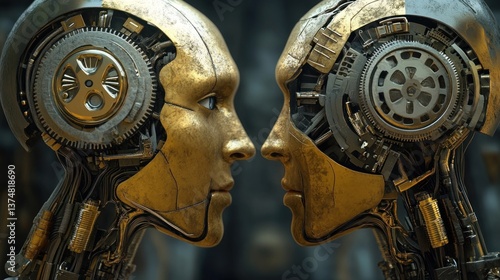 Two metallic robot heads, close-up, facing each other, with visible internal mechanisms. Detailed, intricate design. Ideal for ai and cybernetics, perfect for sci-fi, digital innovation, and advanced.