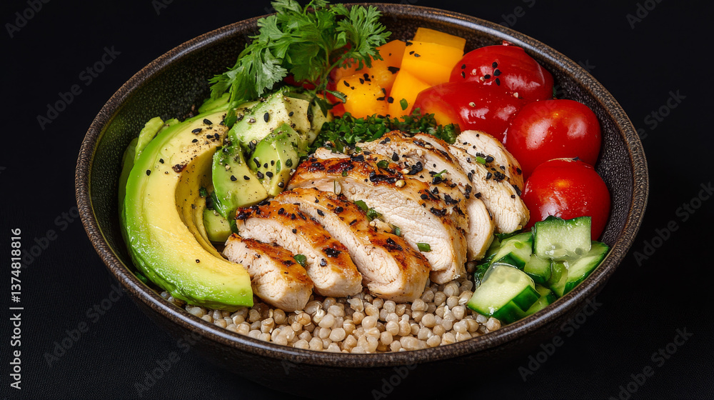 A Buddha bowl featuring chicken, buckwheat, avocado, and vegetables is presented on a black background A Buddha bowl featuring chicken, buckwheat, avocado, and vegetables is presented on a black background