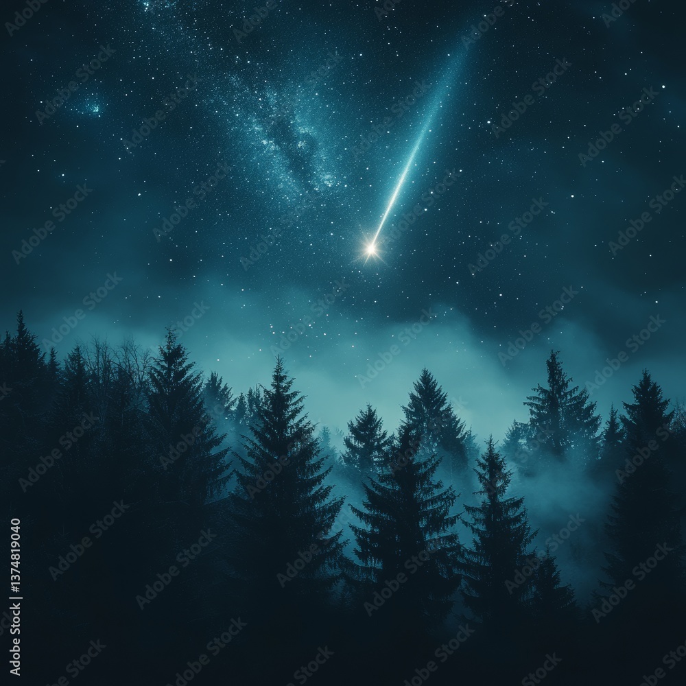 Fototapeta premium Bright starburst from a shooting star cutting across a dark sky above a quiet forest, soft moonlight illuminating the trees 