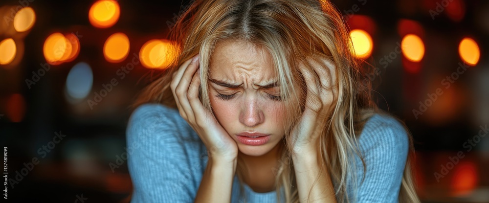 Distressed blond woman looking down with both hands held up, facing downwards with a blurry light background Distressed blond woman looking down with both hands held up, facing downwards with a blurry light background