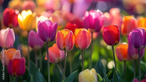 Vibrant tulips in various shades of pink, orange, and yellow. Ideal for springtime themes, perfect for floral designs and greeting cards.