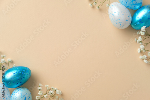Blue and white speckled eggs and delicate white flowers against a soft beige background. Ideal for Easter, spring, and seasonal designs