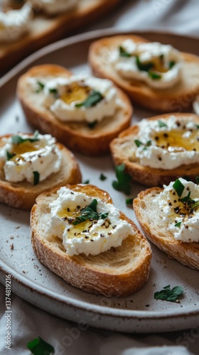 Wallpaper Mural buttery crostini with ricotta and honey, placed on a rustic ceramic plate with subtle pastel tones, warm natural light creating soft depth  Torontodigital.ca