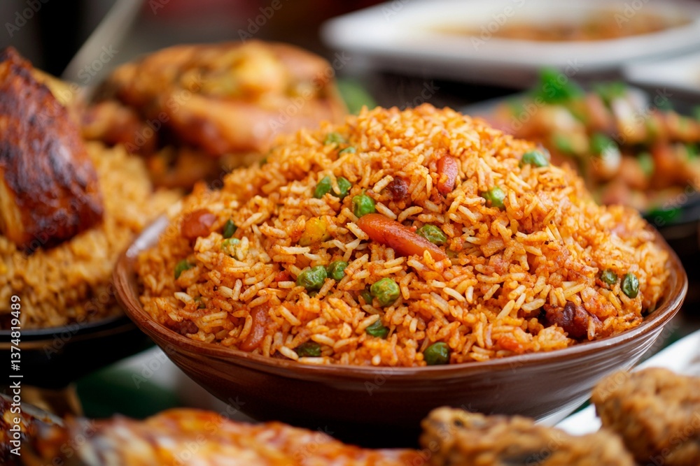 A flavorful rice dish sits in a large bowl surrounded by succulent chicken and vibrant vegetable sides, showcasing a rich cultural meal at a vibrant event A flavorful rice dish sits in a large bowl surrounded by succulent chicken and vibrant vegetable sides, showcasing a rich cultural meal at a vibrant event