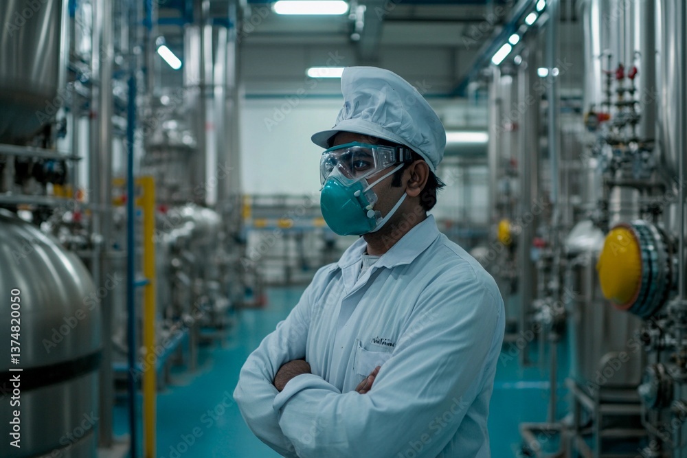A worker in a clean, white uniform and protective equipment stands with arms crossed inside an advanced industrial facility. The bright environment showcases machinery and equipment in use A worker in a clean, white uniform and protective equipment stands with arms crossed inside an advanced industrial facility. The bright environment showcases machinery and equipment in use