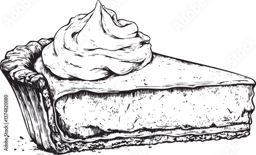 Slice of creamy pie with whipped topping in detailed black and white sketch. Vector illustration