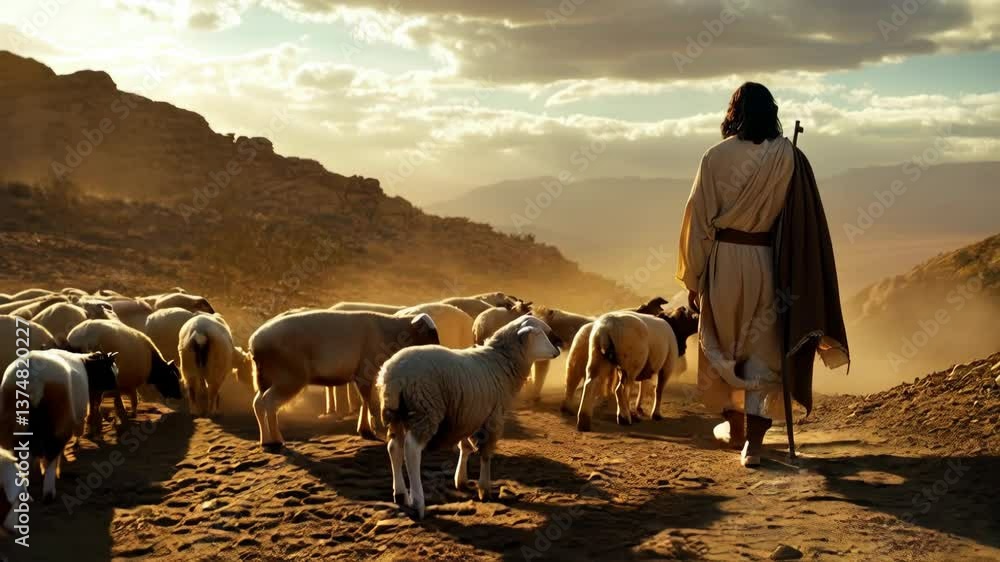 Serene sunset scene with shepherd jesus guiding flock of sheep through tranquil desert landscape