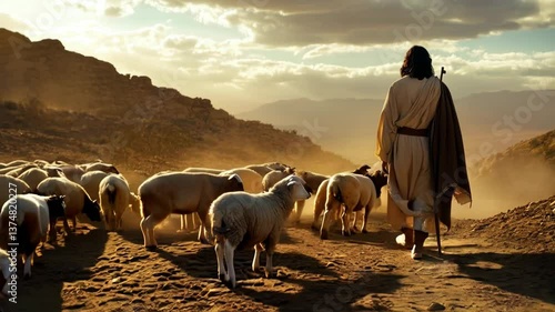 Serene sunset scene with shepherd jesus guiding flock of sheep through tranquil desert landscape