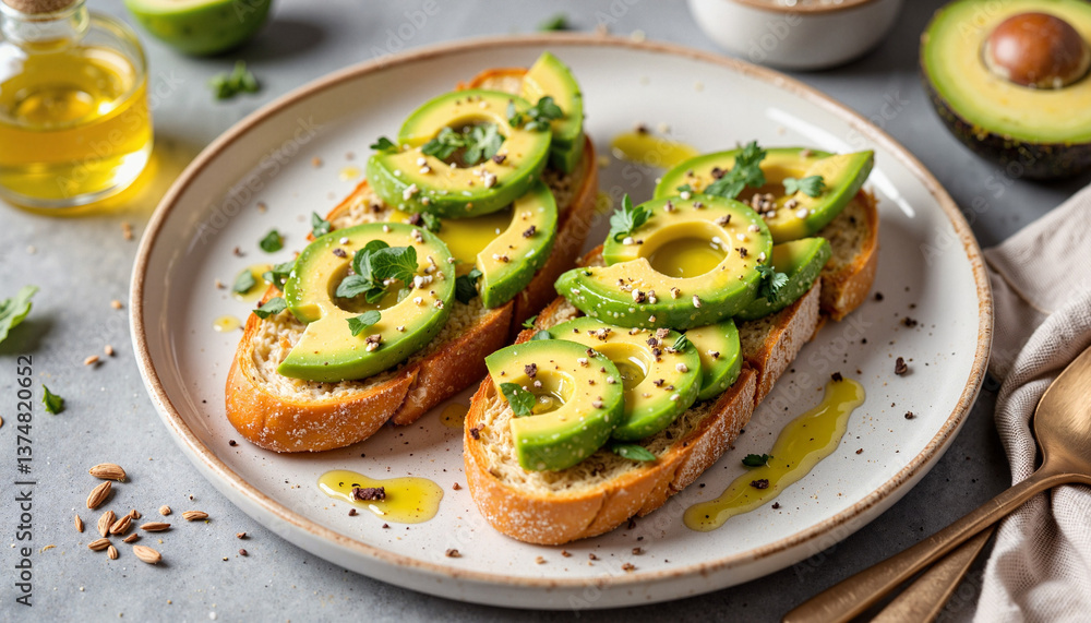 Delicious avocado toast with olive oil on a plate, gourmet dining Delicious avocado toast with olive oil on a plate, gourmet dining