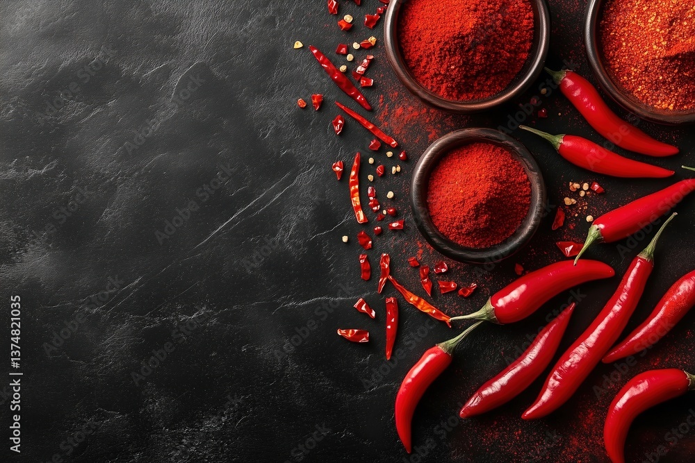 Naklejka premium Red hot chili peppers and powder in bowls scattered on a dark background, view from above