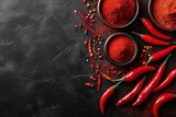Red hot chili peppers and powder in bowls scattered on a dark background, view from above
