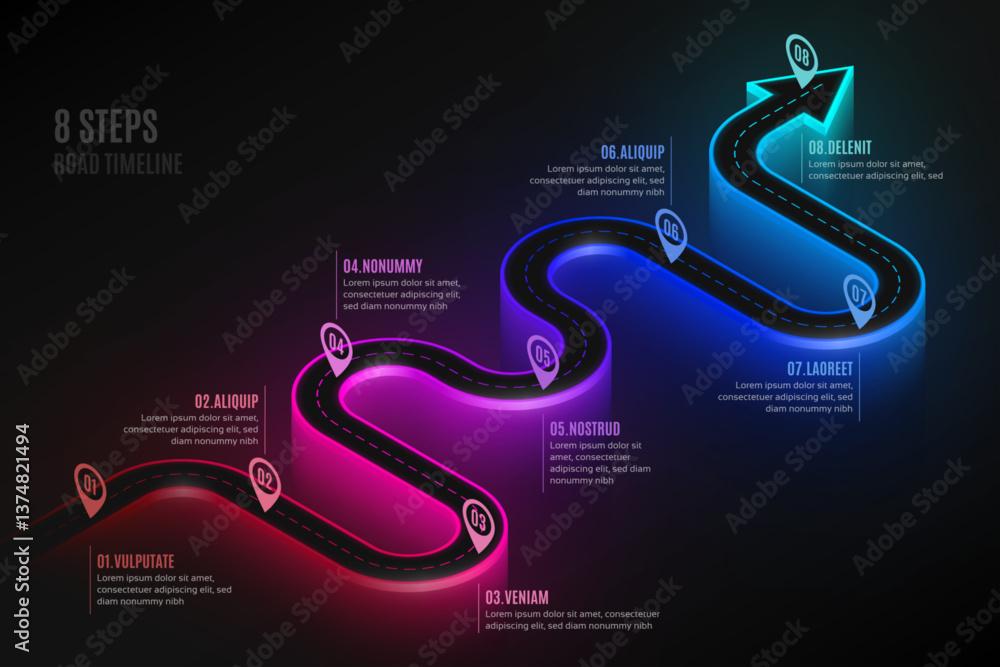 Isometric navigation map infographic 8 steps timeline concept.