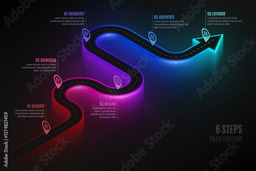 Isometric navigation map infographic 6 steps timeline concept.