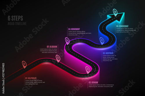 Isometric navigation map infographic 6 steps timeline concept.