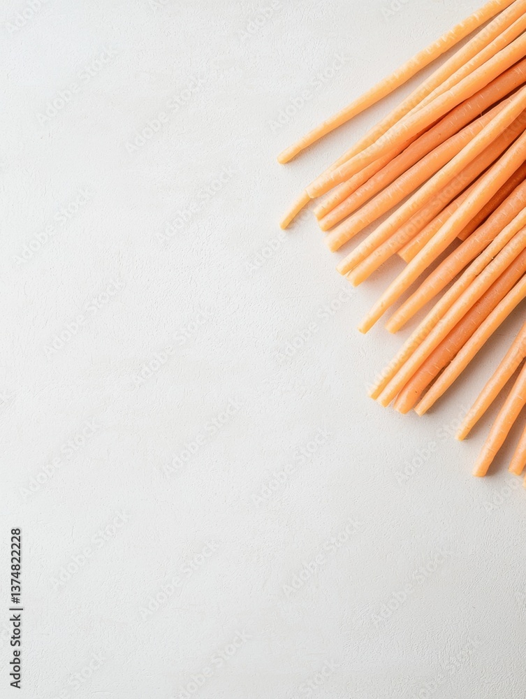 Fototapeta premium Bunch of orange-colored straws arranged in a diagonal line on a white background. the straws appear to be fresh and uncooked, with a smooth texture and a shiny surface.