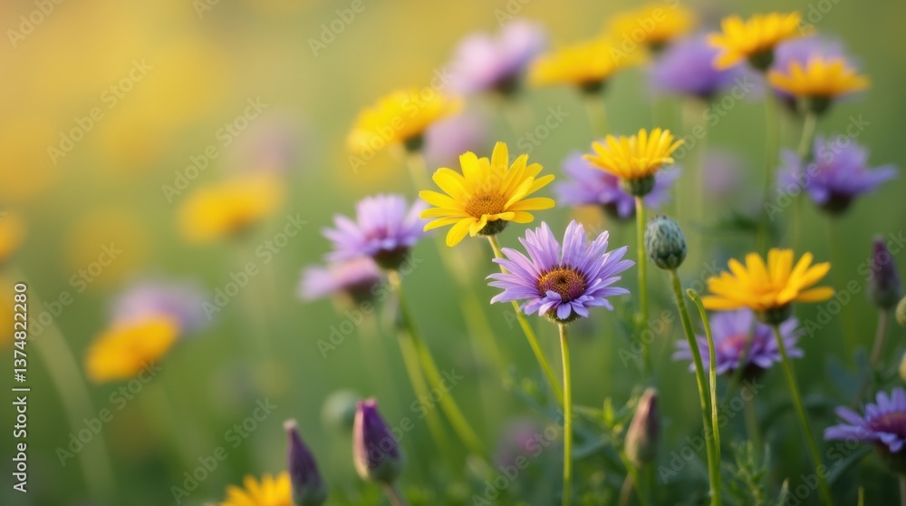 Close-up of a wildflower meadow with yellow and purple blooms, soft green stems Close-up of a wildflower meadow with yellow and purple blooms, soft green stems