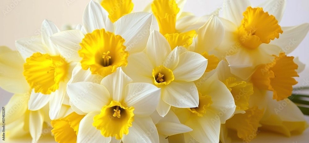Fototapeta premium Close-up Bouquet of Daffodils with White Petals and Yellow Centers in Soft Lighting