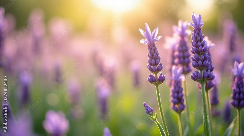 Obraz premium Close-up of vibrant lavender flowers in a sunlit field, with delicate petals and green stems sharply in focus