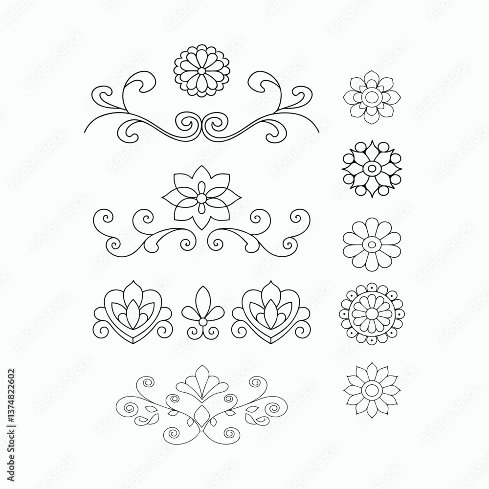 decorative floral motifs black and white patterns set, simple line drawing border set coloring pages vector art illustrations. decorative floral motifs black and white patterns set, simple line drawing border set coloring pages vector art illustrations.