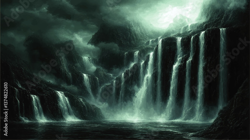 Epic Mystical Waterfall Fantasy Landscape Illustration with Majestic Cascading Water Dark Moody Mountains Mysterious Clouds and Enchanting Dreamlike Ambient Scenery