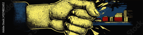 Epic Comic Style Illustration of Giant Fist Breaking Glass with Dramatic Cityscape Background Powerful Retro Art Design in Vibrant Colors for Urban Graphic Project Usage