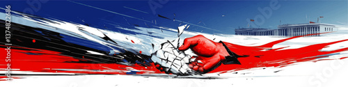 Abstract Political Vector Illustration Featuring Red Hand Crushing Paper Grenade Artistic Symbolism with Government Building and Dynamic Colors Representing Power Conflict