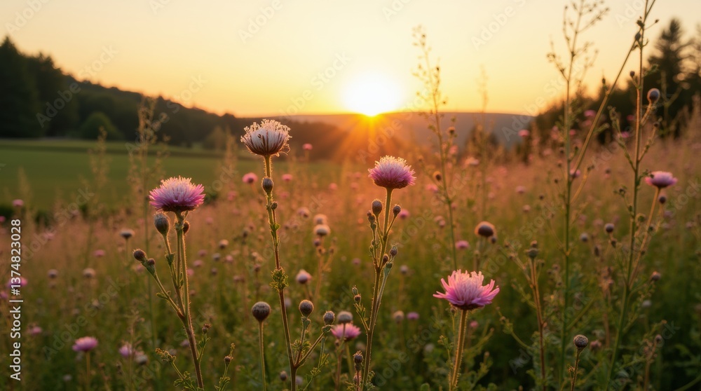 Obraz premium Vertical view of a wildflower meadow with pink and white flowers, distant forest, golden sunset, tranquil nature scene