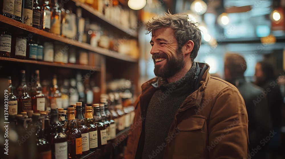 Smiling man in cozy whiskey bar browsing array of premium Irish whiskey bottles. Warm ambiance, wooden shelves and relaxed atmosphere. Celebrating fine spirits and Irish tradition Smiling man in cozy whiskey bar browsing array of premium Irish whiskey bottles. Warm ambiance, wooden shelves and relaxed atmosphere. Celebrating fine spirits and Irish tradition