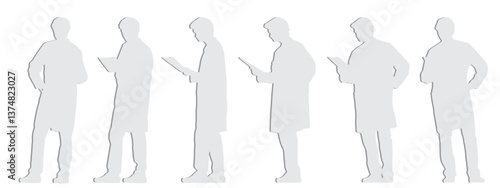 Vector concept conceptual gray paper cut silhouette of a man reading a newspaper from different perspectives isolated on white. A metaphor for business, information, culture, leisure and  lifestyle