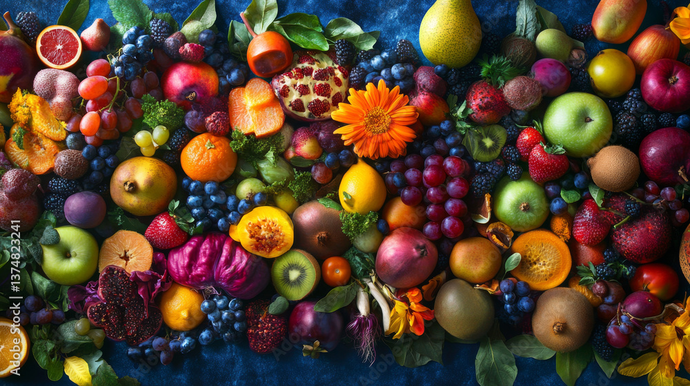 A vibrant, full-frame image displays an assortment of fresh fruits and vegetables, forming a colorful organic food panorama A vibrant, full-frame image displays an assortment of fresh fruits and vegetables, forming a colorful organic food panorama