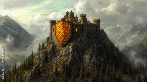 Majestic Fantasy Medieval Castle Fortress on Mountain Peak with Golden Shield Emblem Surrounded by Misty Forest Landscape and Dramatic Clouds Digital Art Illustration