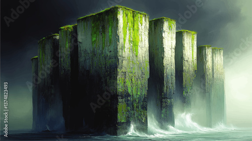 Mystical Ancient Stone Pillars Covered in Green Moss Standing Majestically in Stormy Seas Creating Powerful Waves Artwork for Epic Fantasy Environment Illustrations