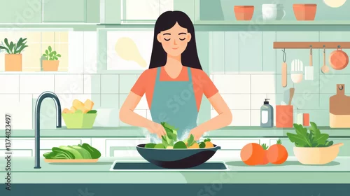 Fototapeta A woman washes vegetables at her kitchen counter while preparing a vegan salad, showcasing clean eating at home
