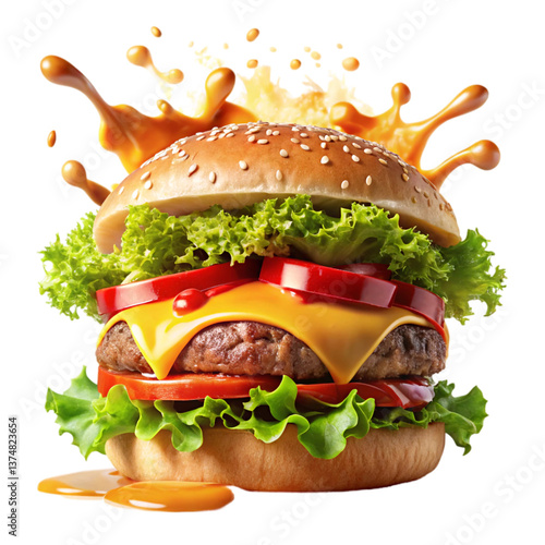 Isolated beef burger with cheese and fresh lettuce on a white bun , Transparent PNG image 